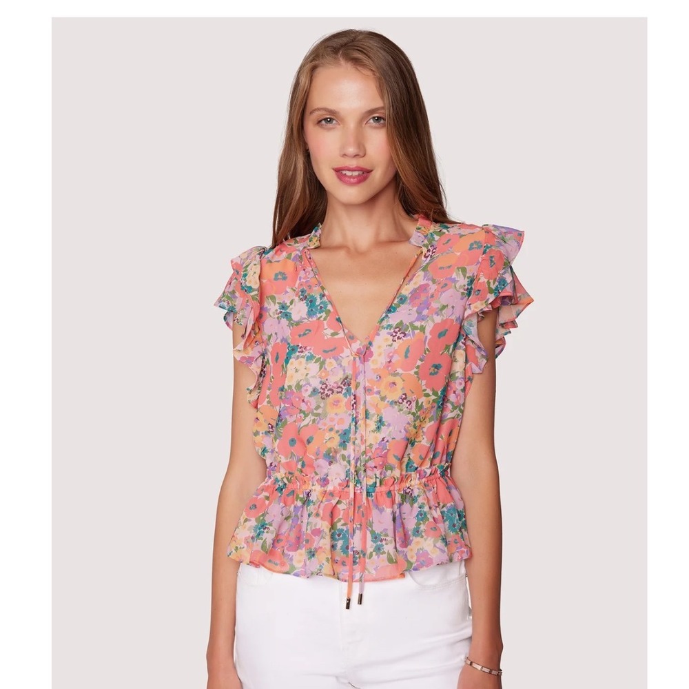 Lost + Wander Floral Bliss Ruffle‎ Sleeve Blouse Top Peach V Neck Womens Small